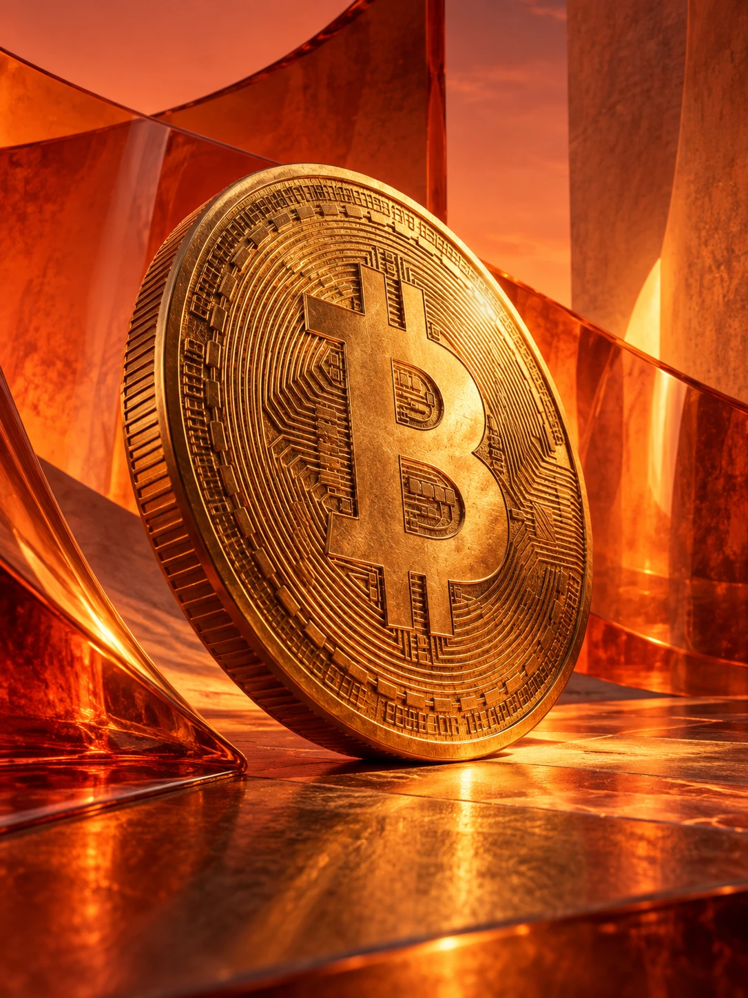 Sculptural Bitcoin coin on an orange background