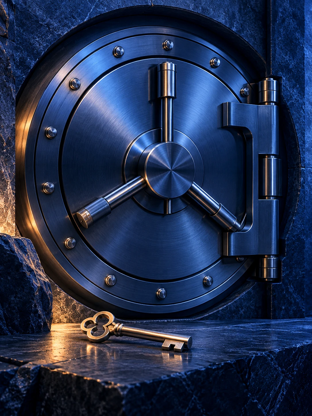 A blue vault door and key representing account security