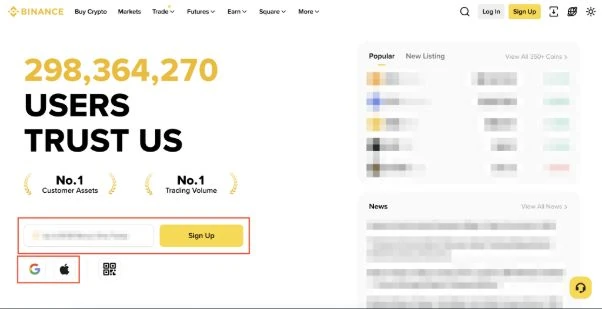 Binance official tutorial image highlighting the email or phone signup field and the yellow Sign Up button.